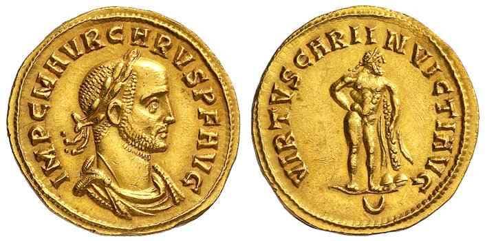 RIC 117, crescent Carus, AV aureus, Cyzicus, 282-283 AD