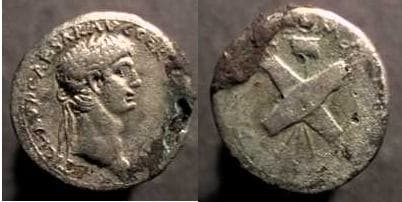RIC 74cf Claudius Fouree Denarius, muled with crossed shields reverse of Nero Claudius Drusus