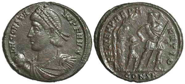 Constantinople RIC VIII 86 Constans, Constantinople, AE3, D N CONSTA-NS P F AVG, Pearl-diademed, draped, cuirassed bust