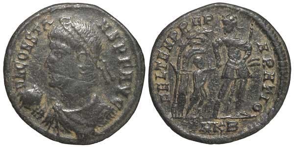 Cyzicus RIC VIII 73 Constans, Cyzicus, AE3, D N CONSTA-NS P F AVG, Pearl-diademed, draped, cuirassed bust left, globe in