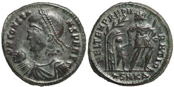 Cyzicus RIC VIII 77 Constans, Cyzicus, AE3, D N CONSTA-NS P F AVG, Pearl-diademed, draped, cuirassed bust left, globe in