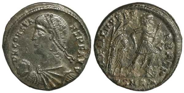 Cyzicus RIC VIII 79 Constans, Cyzicus, AE3, D N CONSTA-NS P F AVG, Pearl-diademed, draped, cuirassed bust left, globe in