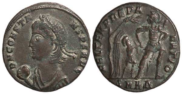 Heraclea RIC VIII 71 Constans, Heraclea, AE3, D N CONSTA-NS P F AVG, Pearl-diademed, draped, cuirassed bust left, globe
