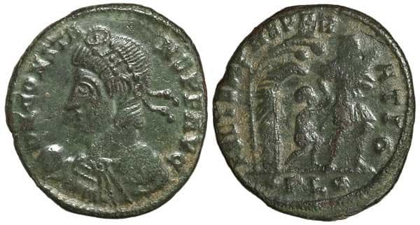 Lyons RIC VIII 87 Constans, Lyons, AE3, D N CONSTA-NS P F AVG, Rosette-diademed, draped, cuirassed bust left, globe in r
