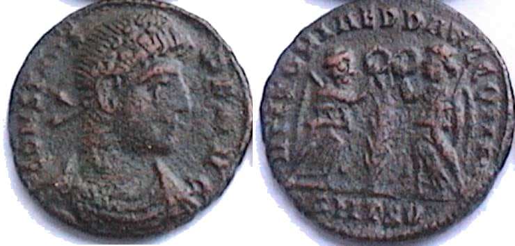 Thessalonica RIC VIII 105 Constans AE3, CONSTANS-PF AVG, rosette diademed, draped, cuirassed bust right / VICTORIAE DD A