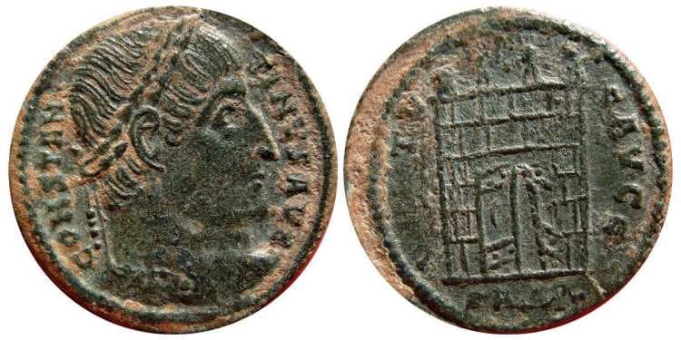 Arles RIC VII 291 var Constantine I, AE follis