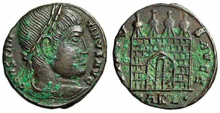Arles RIC VII 291 var(3) Constantine I, AE folles, Arles, AD 326-327