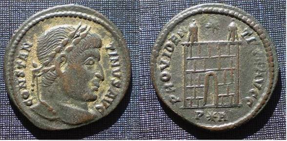Arles RIC VII 264, P var Constantine AE follis