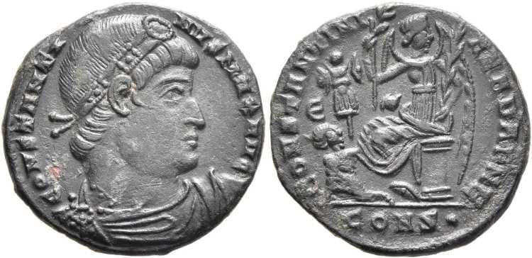 Constantinople RIC VII 38 E, dot Constantine AE follis