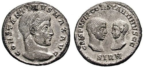 Sirmium RIC VII 14 Constantine I with Crispus and Constantine II, as Caesars, AR Miliarense