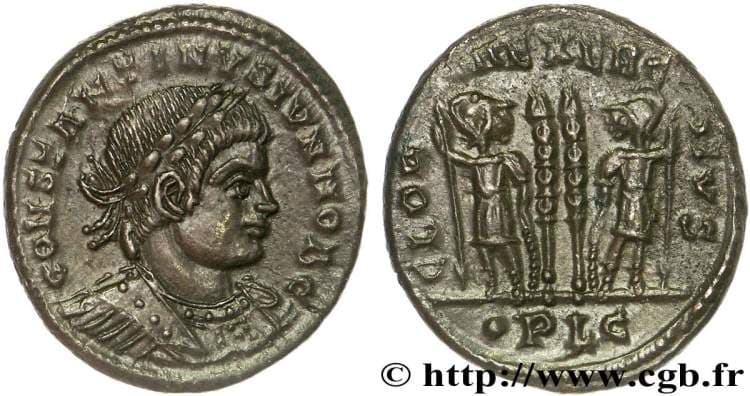 Lyons RIC VII 244, P CONSTANTINVS IVN NOB C, laureate, cuirassed bust right / GLOR-IA EXERC-ITVS, two soldiers with spea