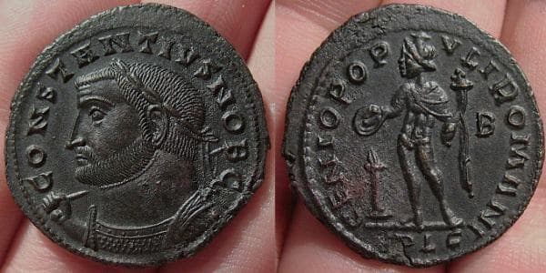 Lyons RIC VI 167a Constantius I, Lyons mint, AE Follis, CONSTANTIVS NOB C, laureate and cuirassed bust left, holding sce