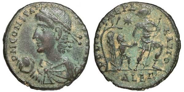 Alexandria RIC VIII 66 Constantius II, Alexandria, AE2, D N CONSTAN-TIVS P F AVG, pearl-diademed, draped, cuirassed bust
