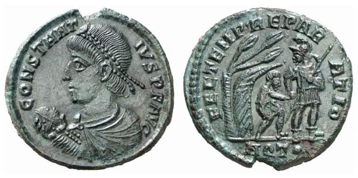 Aquileia RIC VIII 104 Constantius II, Aquileia, AE2, D N CONSTAN-TIVS P F AVG, pearl-diademed, draped, cuirassed bust le