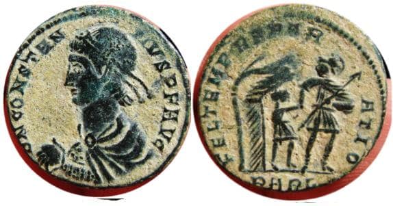 Arles RIC VIII 108 Constantius II, Arles, AE follis, D N CONSTAN-TIVS P F AVG, Pearl-diademed, draped, cuirassed bust le