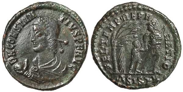 Siscia RIC VIII 216,Δ Constantius II, Siscia, AE2, D N CONSTAN-TIVS P F AVG, Pearl-diademed, draped, cuirassed bust left