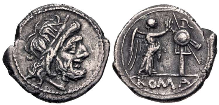 Crawford 166[1] Anonymous AR victoriatus, 179-170 BC