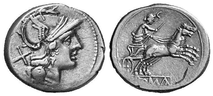 RSC 5a Sear 65 Denarius of the Republic, anonymous 189-180 BC, Helmeted head of Roma right, X behind