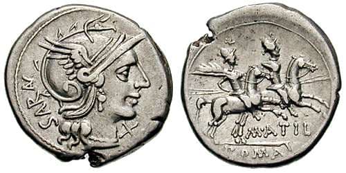 Atilia 8 Sear5 92 M Atilius Saranus AR Denarius