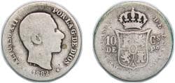 Philippines kingdom 1882 10 Centimos - Alfonso XII Silver (.835) (525000) 2.37g F KM 148
