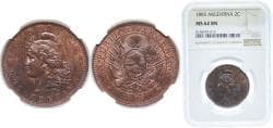 Argentina Federal Republic 1885 2 Centavos Bronze (3065000) 10g NGC MS 62 KM 33