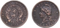 Argentina Federal Republic 1884 2 Centavos Bronze (5667000) 9.76g VF KM 33