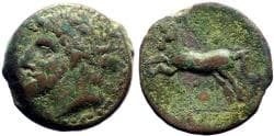 Numidia AE27 bearded head / Horse rearing left