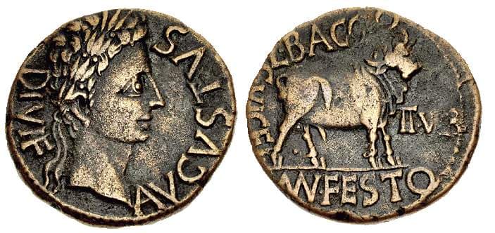 RPC 273 Augustus, AE28 (as) of Lepida-Celsa, Spain, (g) AVGVSTVS DIVI F Laureate head right / L BAGGIO D V ICEL MVNFESTO