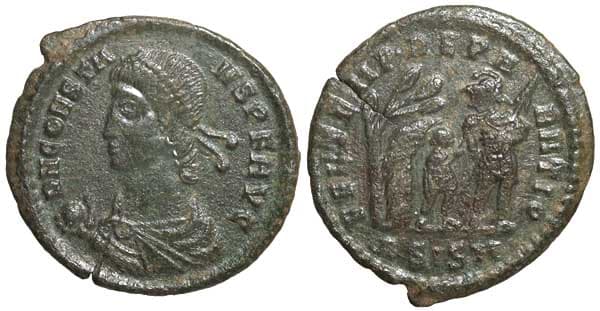 Siscia RIC VIII 220 Constans, Siscia, AE3, D N CONSTA-NS P F AVG, Pearl-diademed, draped, cuirassed bust left, globe in