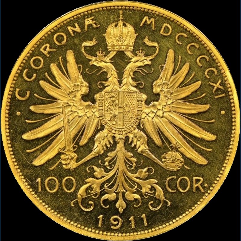 オーストリア100コロナ金貨「雲上の女神」1908-1915年 ルドルフ・マーシャル傑作 裏面